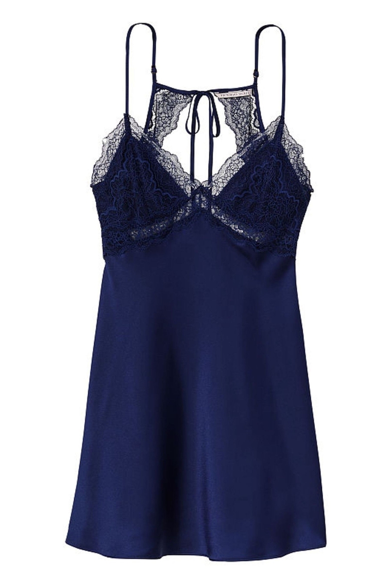 Victoria's Secret Encaje Plunge OpenBack Slip Vestido Azul Marino Azules | 670853MZA