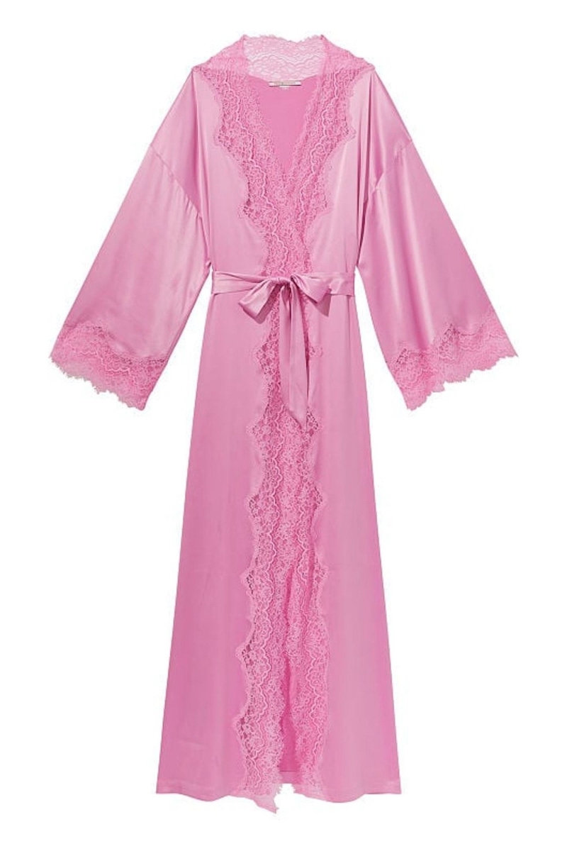 Victoria's Secret Encaje Trim Satin Long Robe Rosas | 253406INQ