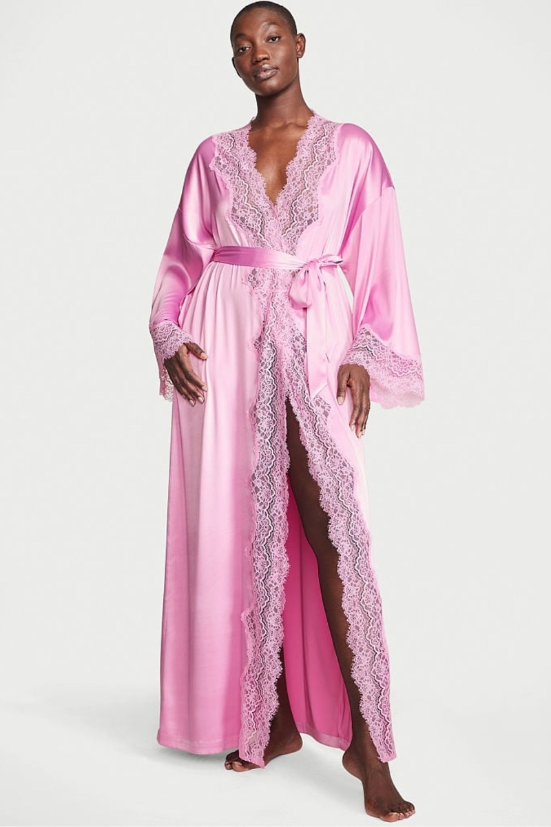 Victoria\'s Secret Encaje Trim Satin Long Robe Rosas | 253406INQ