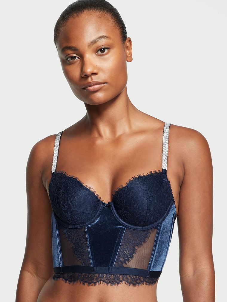 Victoria\'s Secret Encaje & Velvet Shine Correa Corset Top Azul Marino | 742930IND