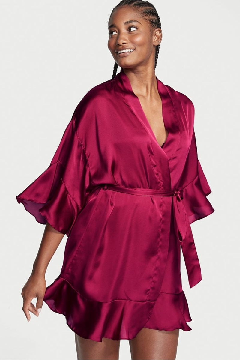 Victoria\'s Secret Flounce Satin Robe Burdeos Rojas | 598736YGT