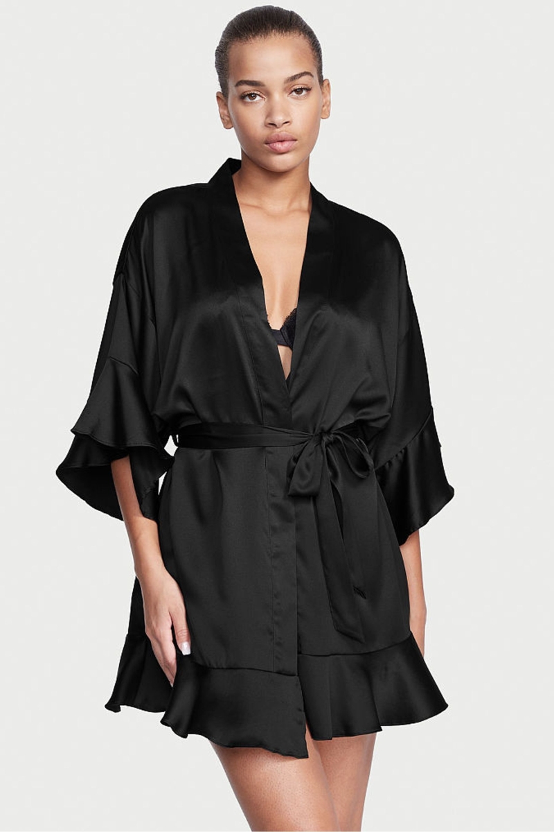 Victoria\'s Secret Flounce Satin Robe Negras | 574362XEQ