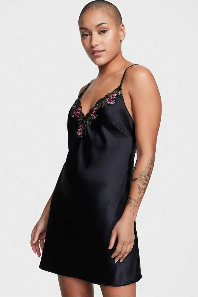 Victoria\'s Secret Satin Embroidered Slip Vestido Negras | 415037OZF