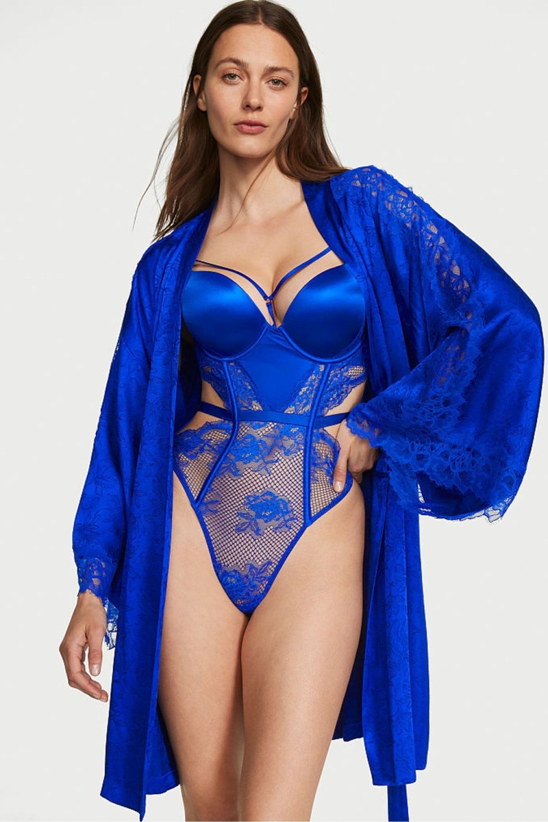 Victoria's Secret Satin Encaje Robe Azules | 586341EON