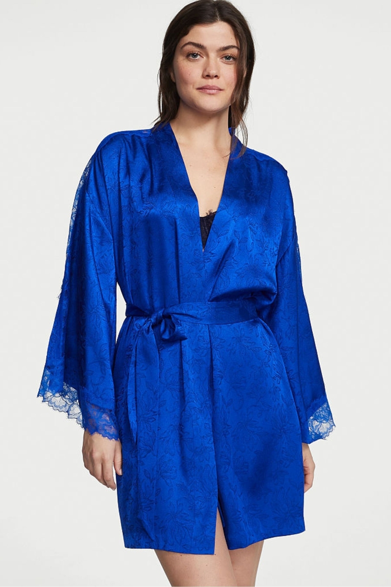 Victoria\'s Secret Satin Encaje Robe Azules | 586341EON