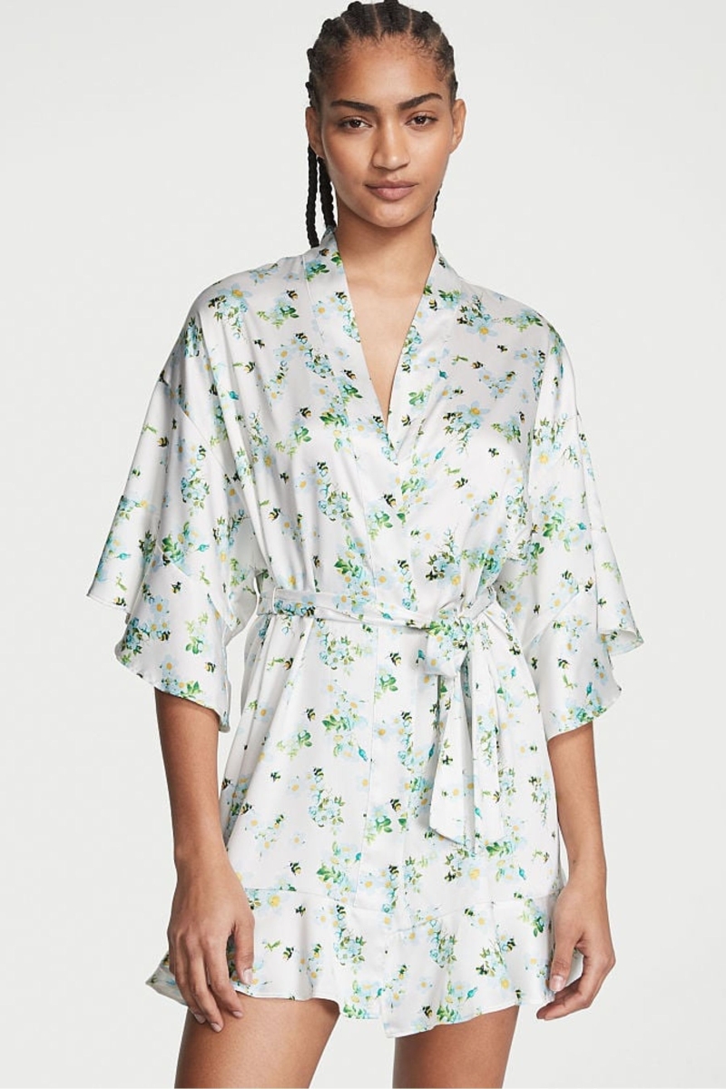 Victoria\'s Secret Satin Flounce Robe Honeybee Floral Print | 079235JEF