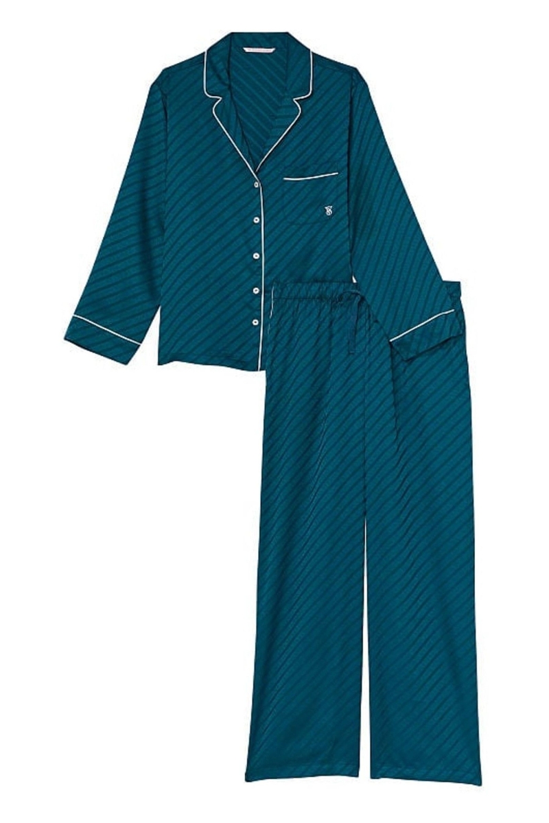 Victoria's Secret Satin Long Pyjamas Azules | 530178JEZ