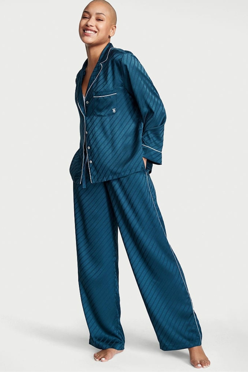 Victoria\'s Secret Satin Long Pyjamas Azules | 530178JEZ