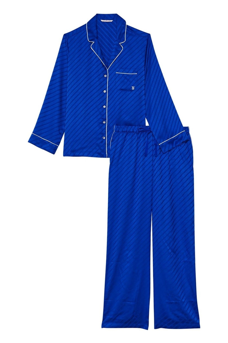 Victoria's Secret Satin Long Pyjamas Azules | 831497UNR