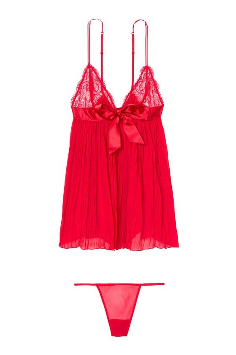 Victoria's Secret Sheer Plisado Babydoll Rojas | 476502JKW