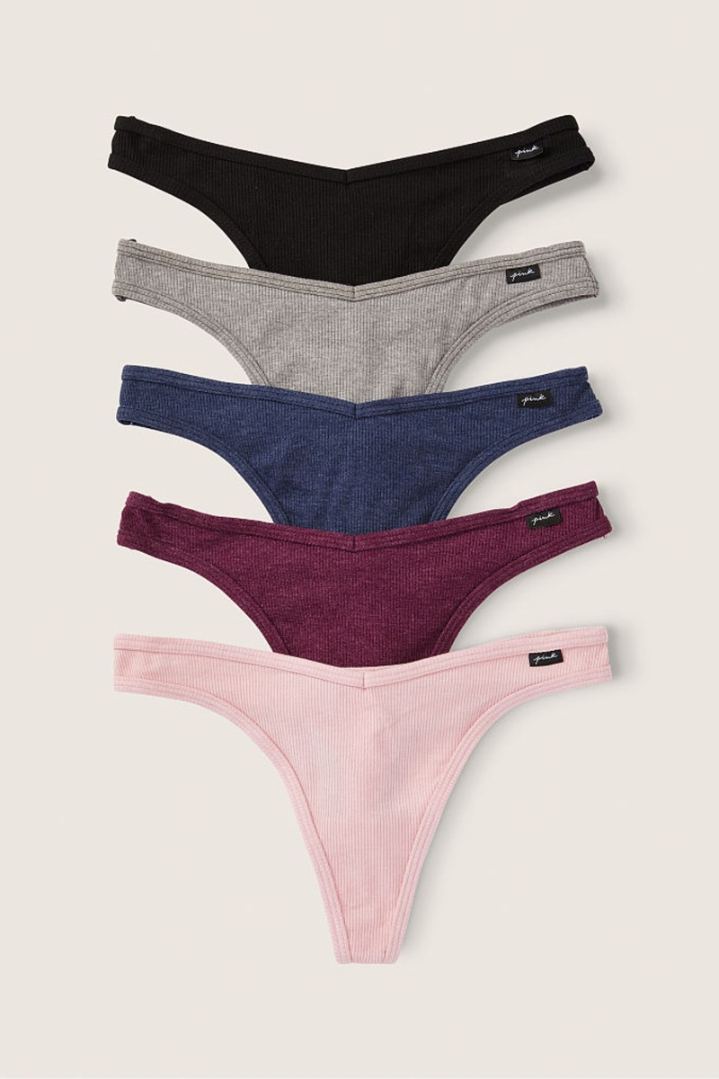 Victoria\'s Secret Stretch Algodon Algodon Tanga Panties 5 Pack Black/Grey/Blue/Burgundy/Pink | 379560ANW