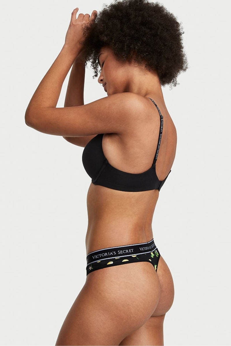 Victoria's Secret Stretch Algodon Algodon Logo Tanga Panties Negras | 942871WOP