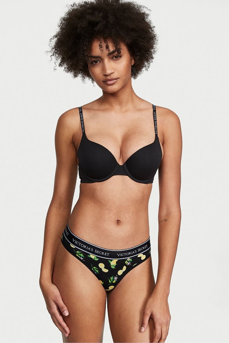 Victoria\'s Secret Stretch Algodon Algodon Logo Tanga Panties Negras | 942871WOP