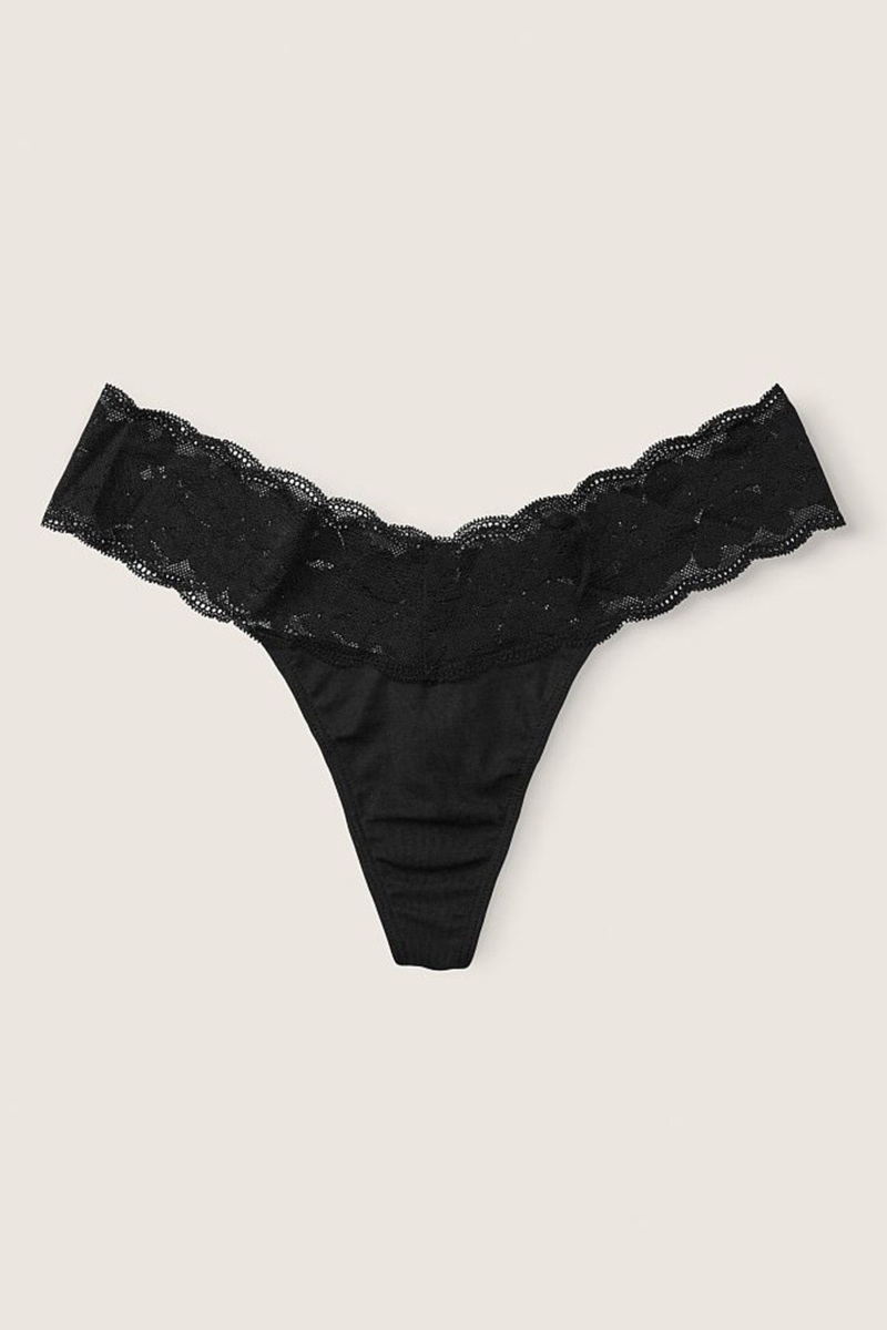 Victoria\'s Secret Stretch Algodon Encaje Trim Tanga Panties Negras | 045918NYT