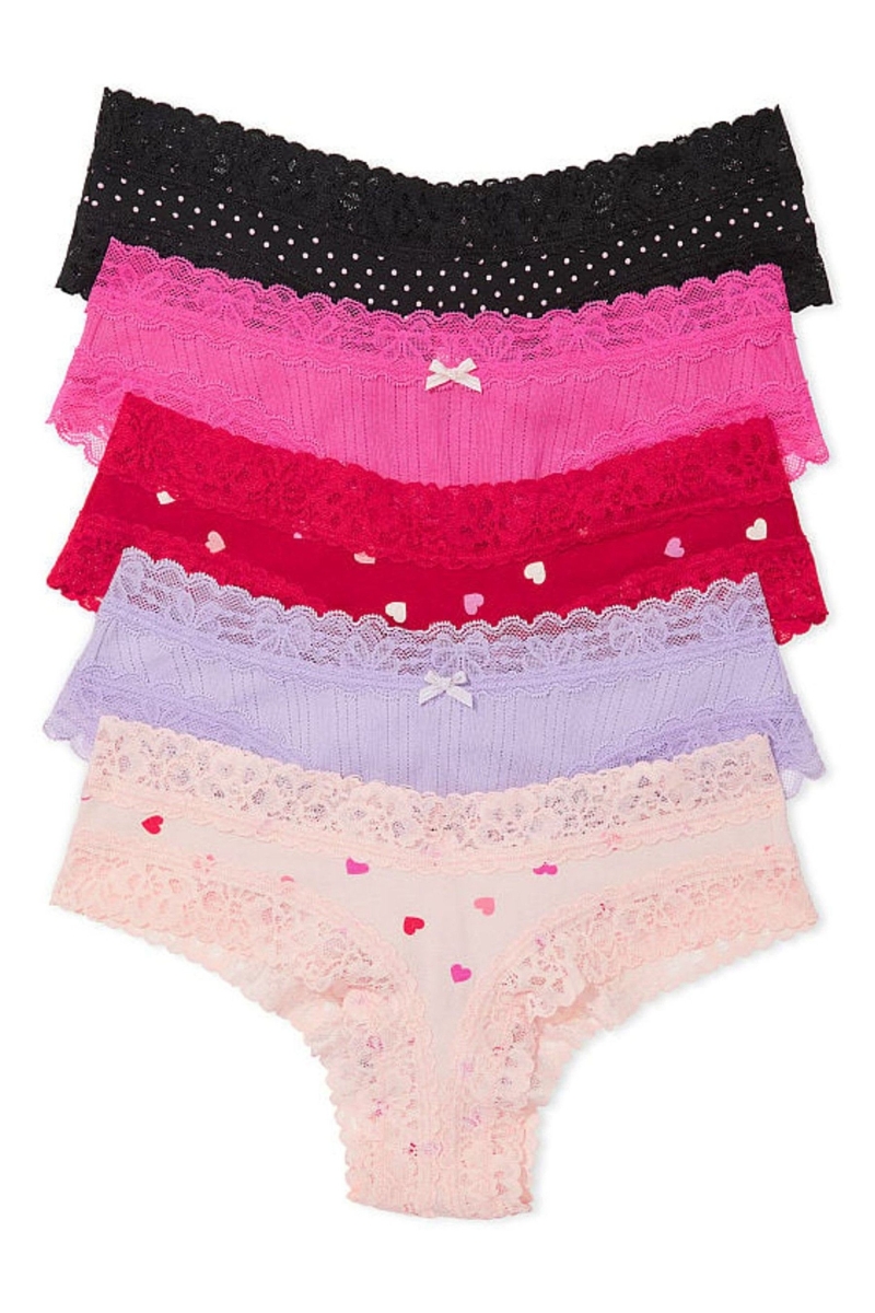 Victoria\'s Secret Stretch Algodon Encaje Trim Cheeky Algodon Panties 5 Pack Black/Pink/Purple | 628591LZH