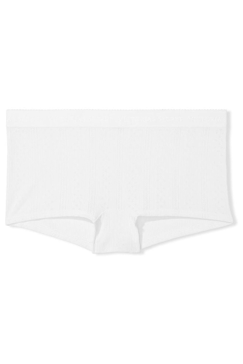 Victoria's Secret Stretch Algodon Logo Cintura Pointelle Corta Panties Blancas | 406325TAY