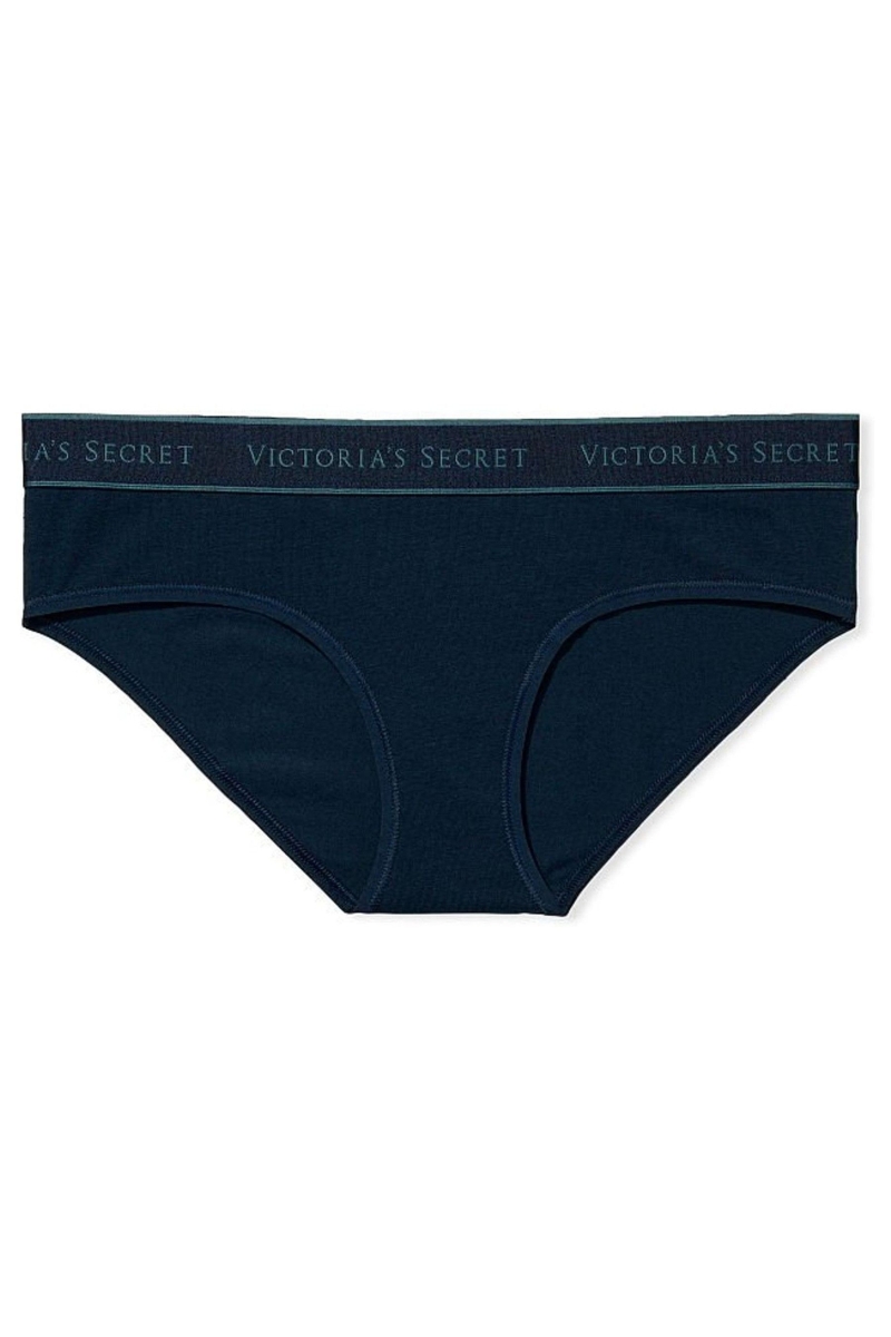 Victoria's Secret Stretch Algodon Stretch Algodon Logo Cintura Hipster Panties Azul Marino Azules | 610573NCF