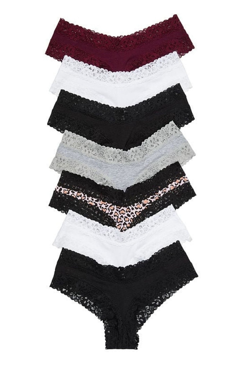 Victoria\'s Secret The Lacie Encaje Trim Cheeky Panties 7 Pack Black/White/Leopard/Grey/Burgundy | 496785OMV