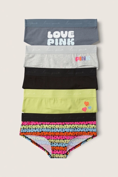 Victoria's Secret Algodon Hipster Panties 5 Pack Black/Grey/Green Logo Print | 491506PZK