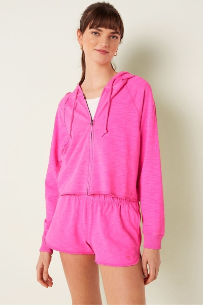 Victoria's Secret Algodon Slub Crop Cut Off Full Zip Hoodie Rosas | 563128IKQ