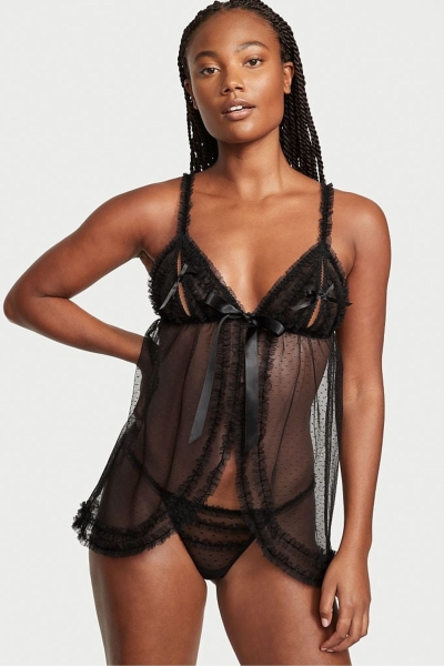 Victoria's Secret Ruffle Peekaboo Babydoll Negras | 650981DJQ