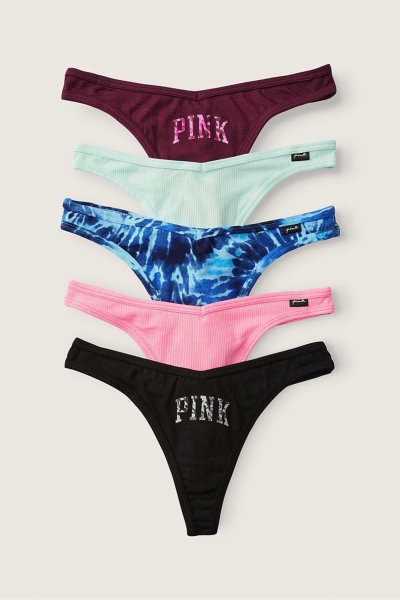 Victoria's Secret Stretch Algodon Algodon Tanga Panties 5 Pack Black/Grey/Blue/Burgundy/Pink | 469520SIT